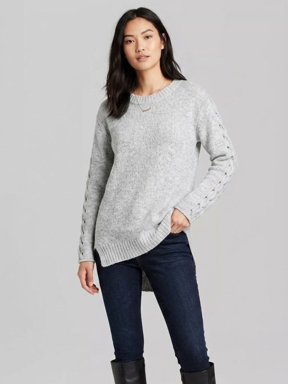 Ana Light Gray Crewneck Sweater with Ladder-Sleeve Detail Size Small